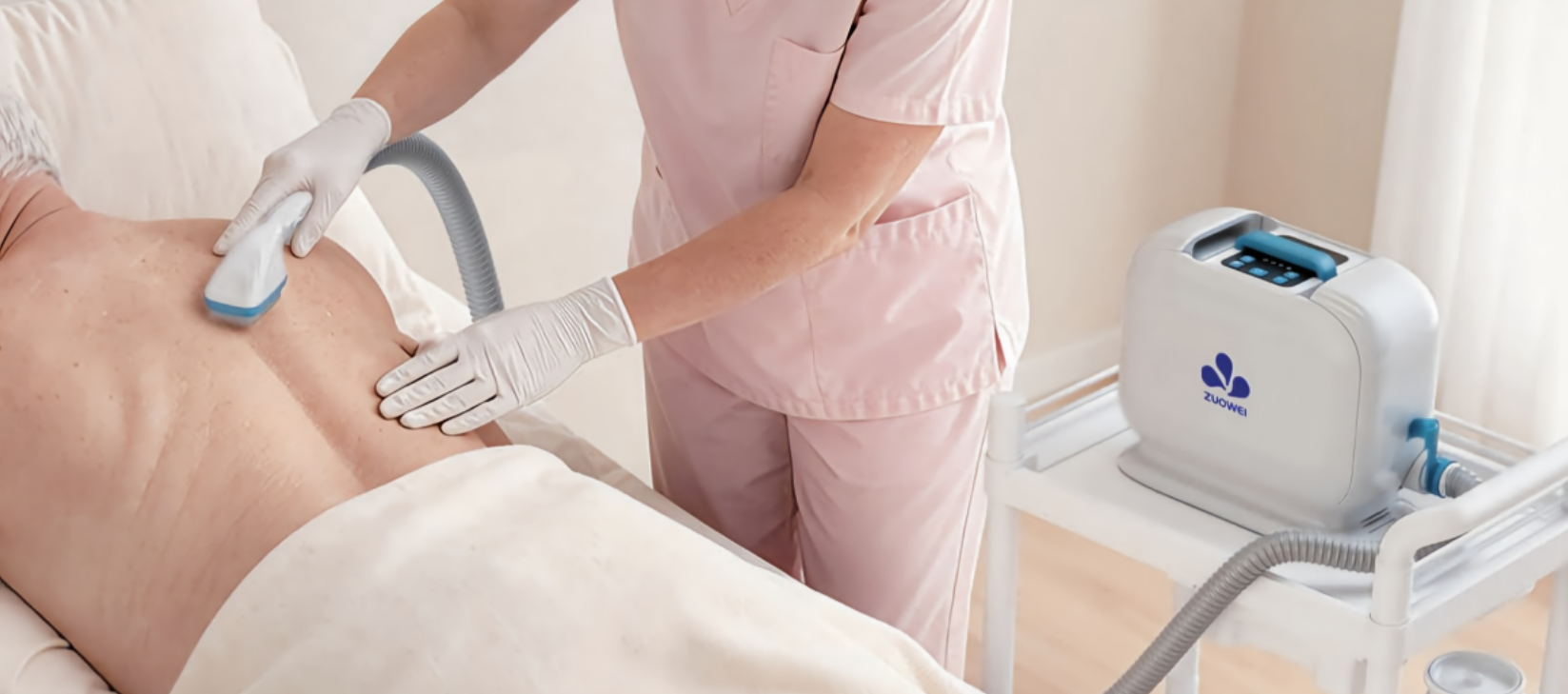 Caregiver using ZW193 portable bathing system on a bedridden patient in place